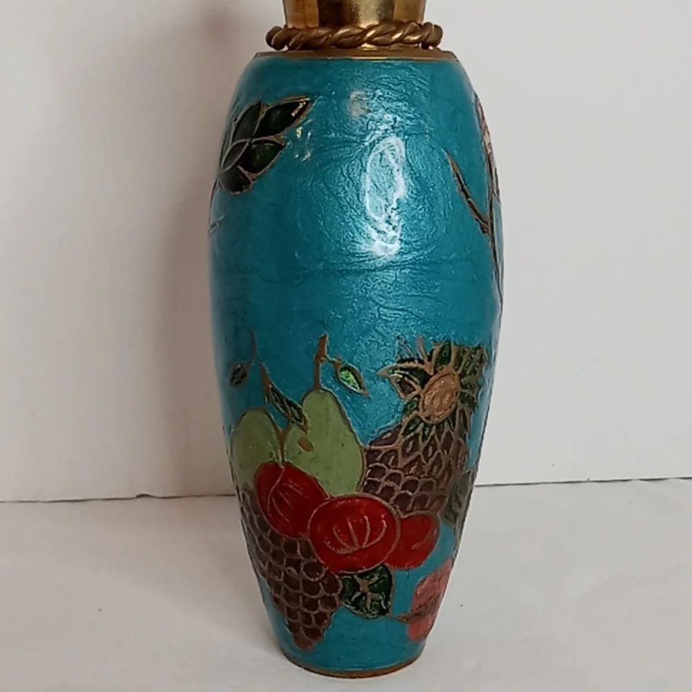 MCM Vintage Hand Painted Floral And Fruit Brass Vase